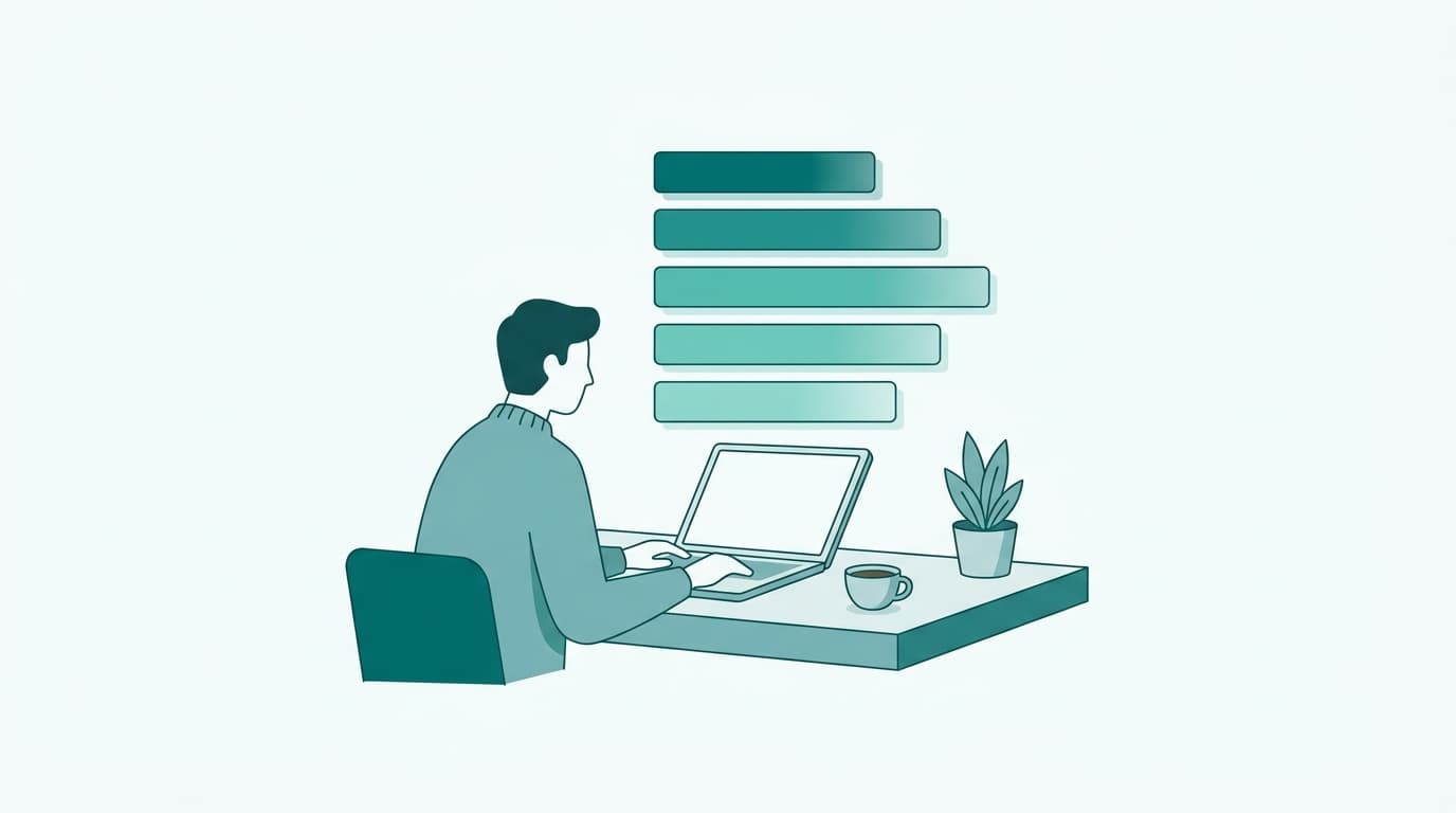 A solo founder at a minimal desk works on a laptop while five floating horizontal score bars in teal hover above the screen, representing a multi-dimension quality audit.