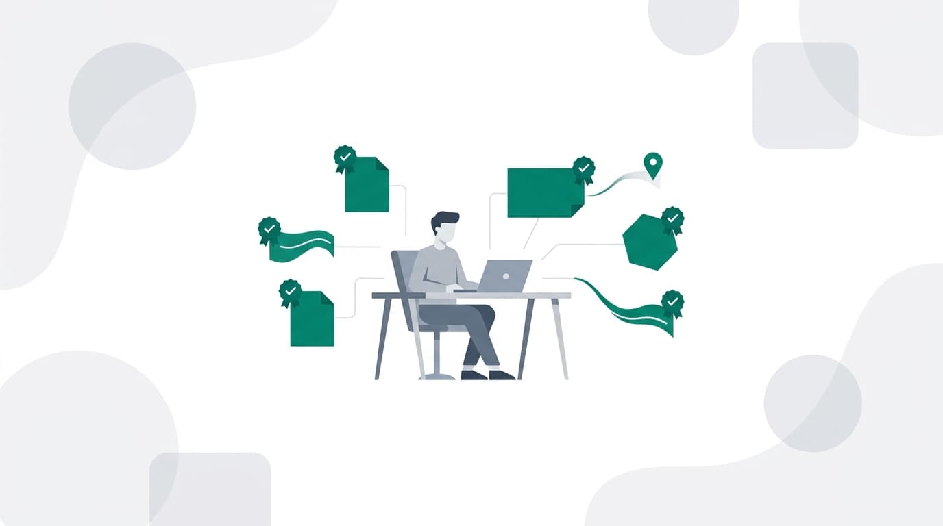 A solo founder works at a laptop surrounded by floating document shapes adorned with citation checkmarks and quality-score badges in emerald green.