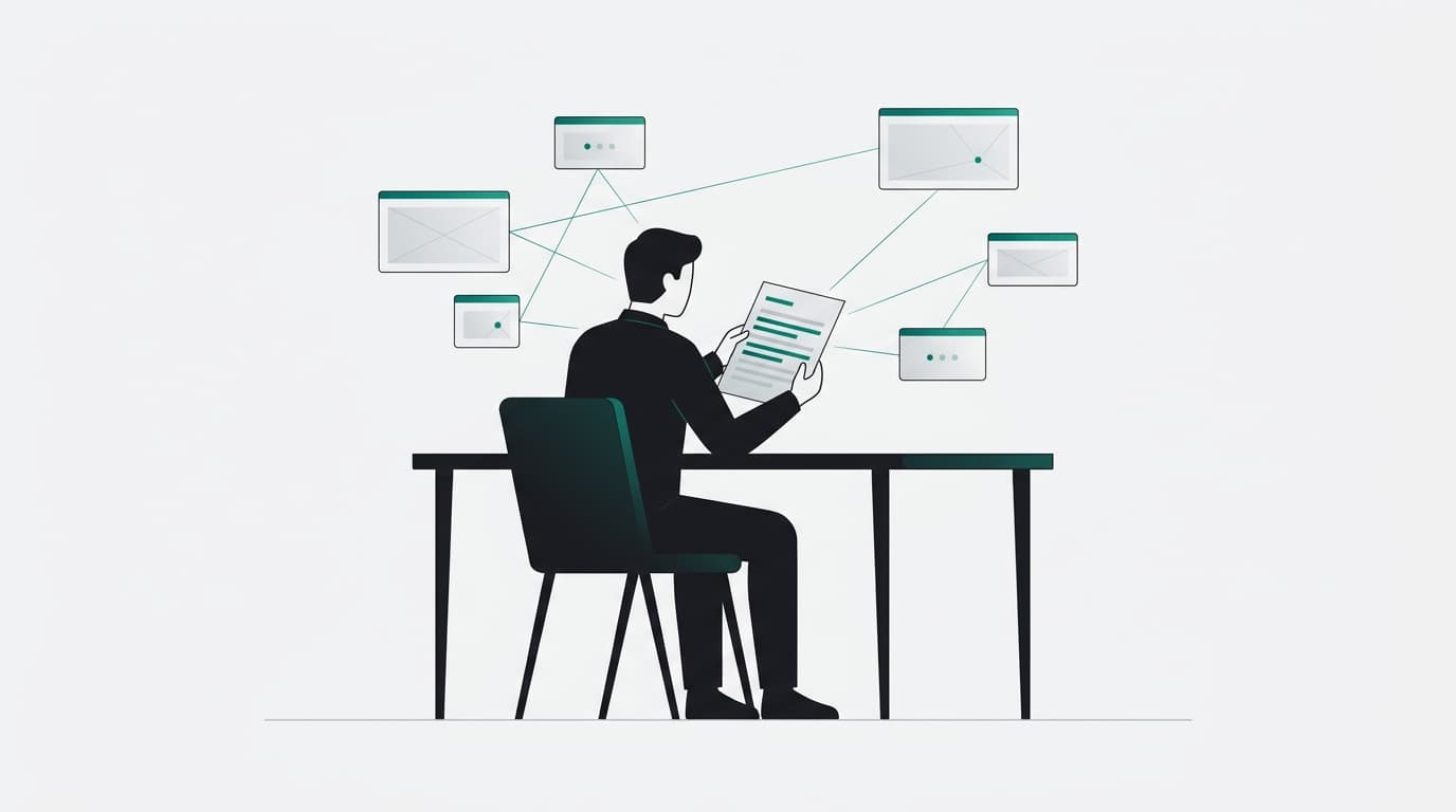 A founder at a desk reviews a blog post draft with citation highlights glowing in teal-green, surrounded by floating geometric cards representing research sources.