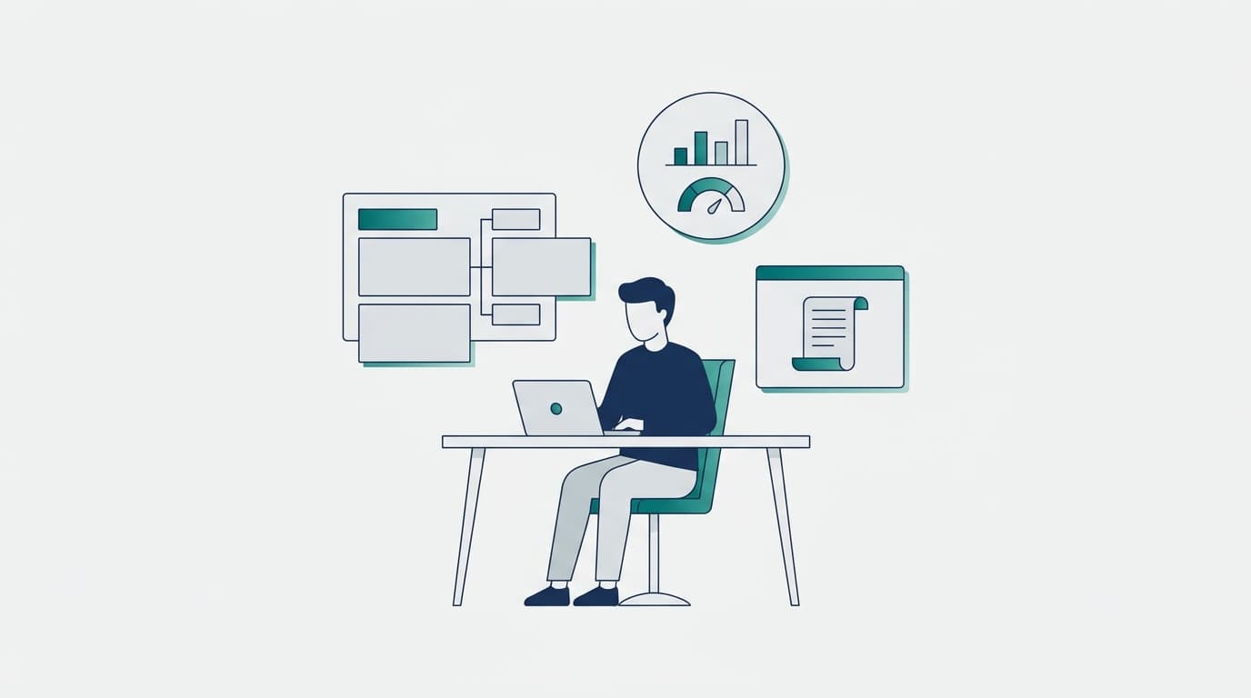 A stylized solo founder at a minimal desk with floating abstract panels representing content tools and a quality dashboard in teal and light gray tones.
