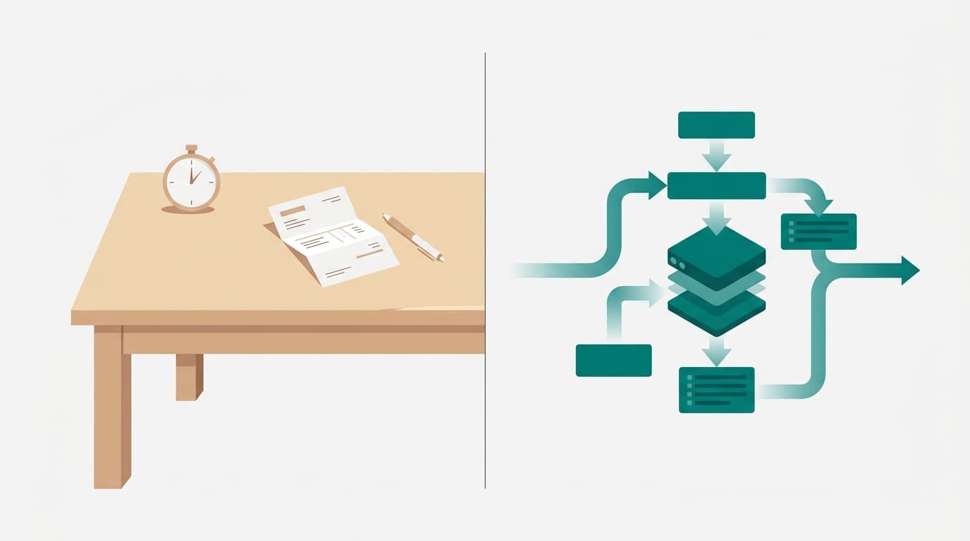 A split-screen desk scene contrasting a ghostwriter's stopwatch and invoice on the left with a geometric AI pipeline flow on the right.