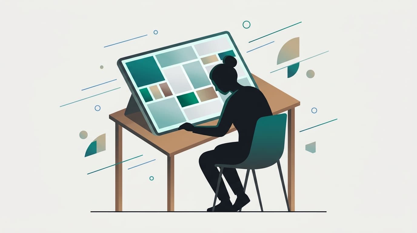 A solo founder sits at a minimal desk studying a color-coded keyword gap matrix displayed on a large screen, with teal and gray cells indicating varying difficulty tiers.