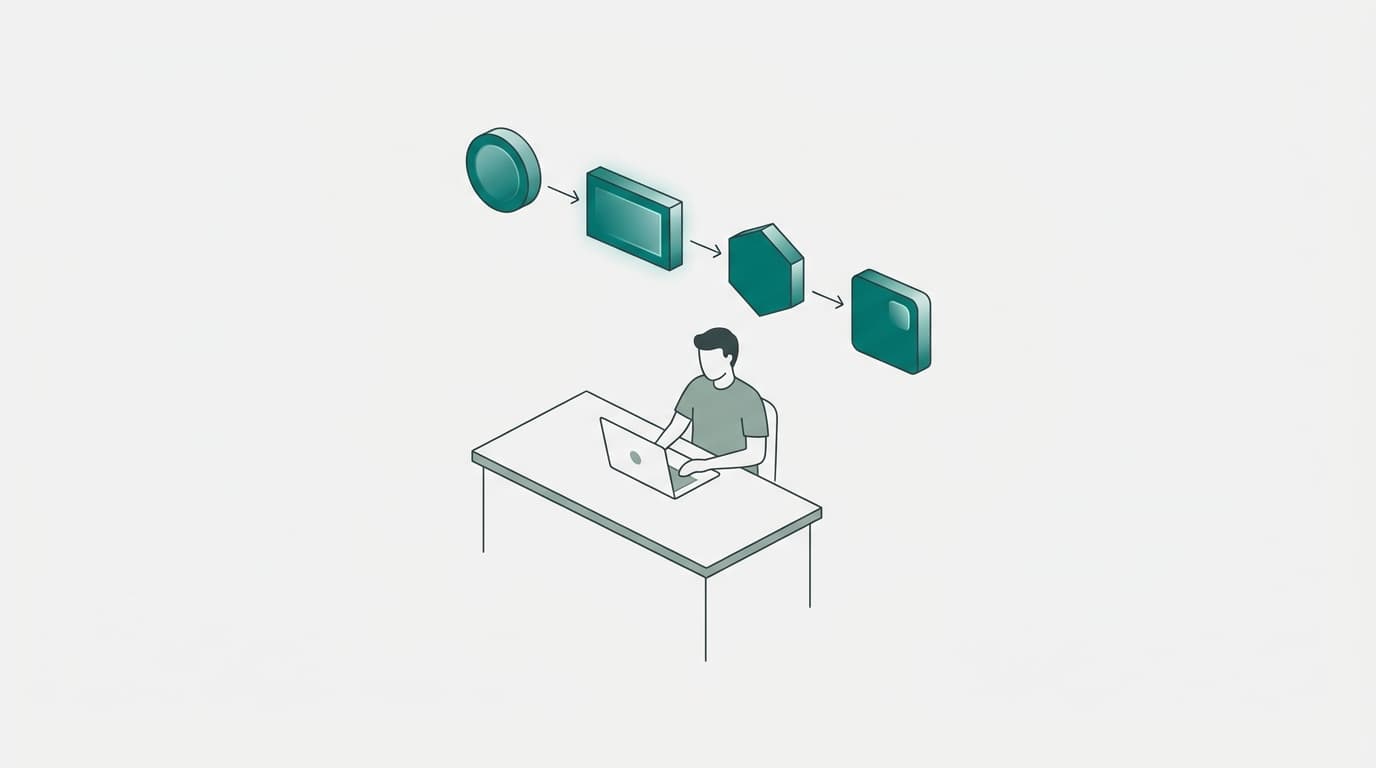 A solo founder at a minimal desk with a laptop, surrounded by four abstract geometric pipeline stages connected by arrows in teal and light gray tones.