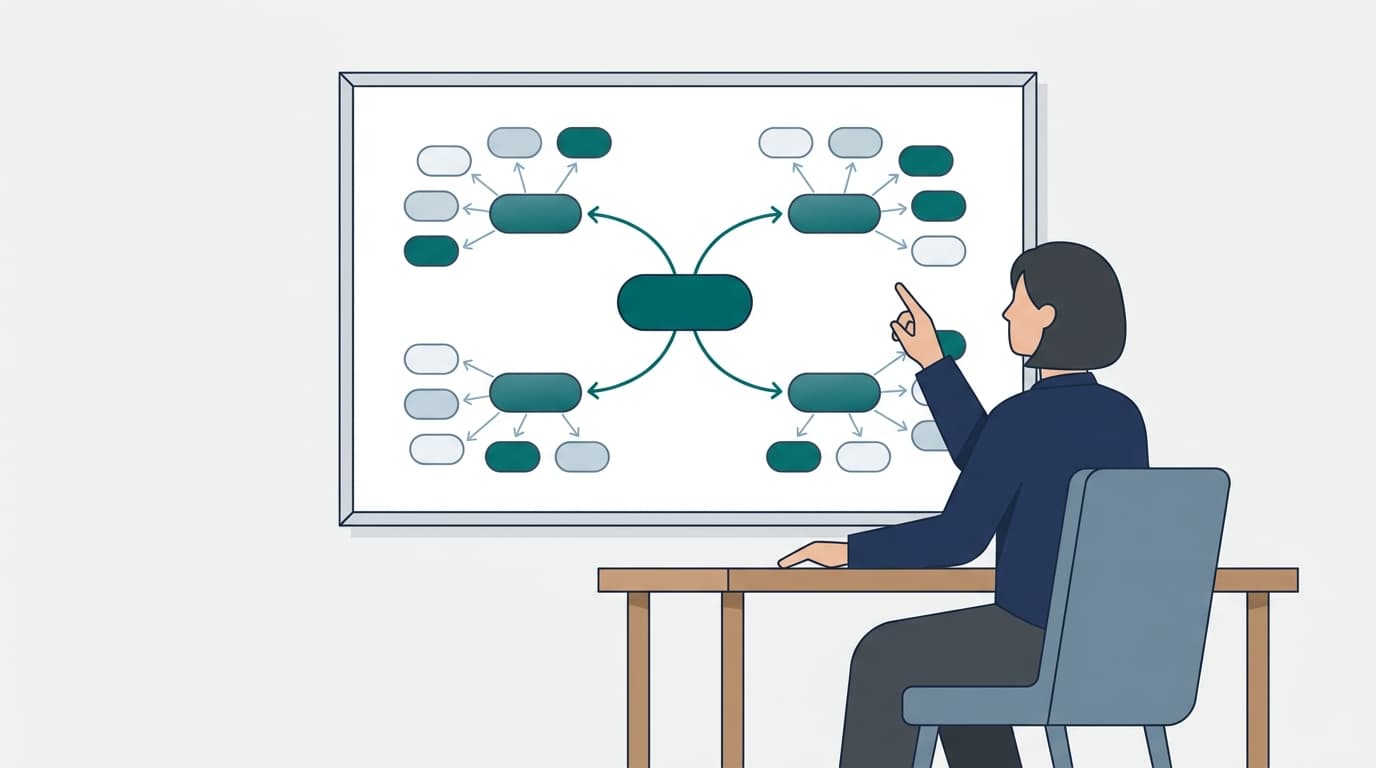 A solo founder stands at a whiteboard sketching a topic cluster map with interconnected nodes and arrows representing pillar and supporting content.