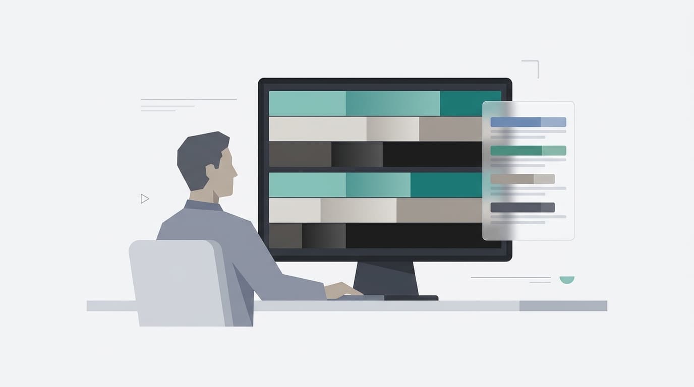 A flat editorial illustration of a solo founder at a desk studying a color-coded keyword grid on a large monitor alongside a simplified search results panel.