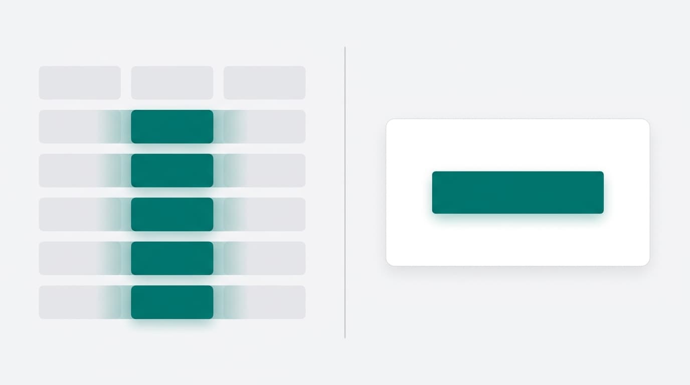 A split editorial illustration showing a structured feature comparison grid on the left and a bold conversion CTA card on the right, united by clean geometric design.