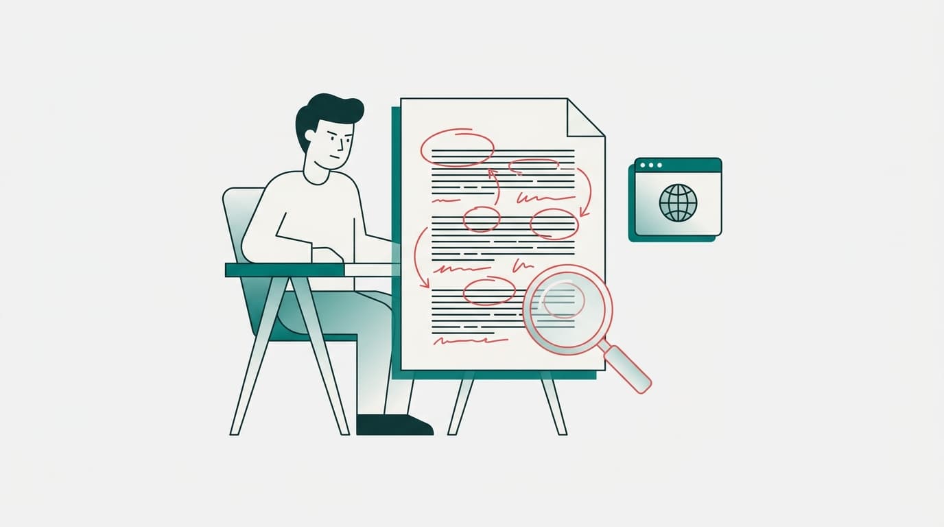 An editor at a minimal desk reviews a printed blog post draft covered in red pen marks, with a magnifying glass highlighting a paragraph and a browser tab icon suggesting source verification.