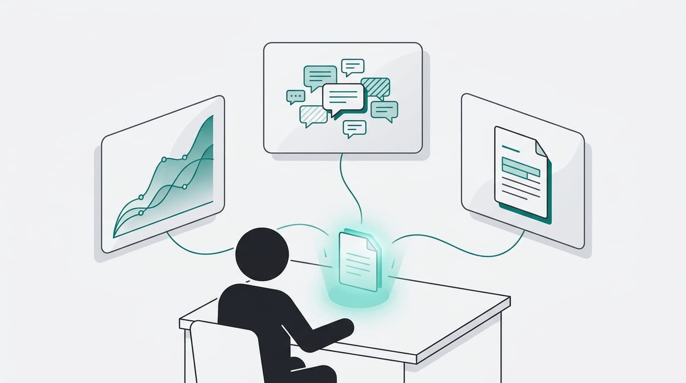 A solo founder at a desk with three floating panels showing usage charts, support ticket clusters, and a blog draft connected by flowing lines.