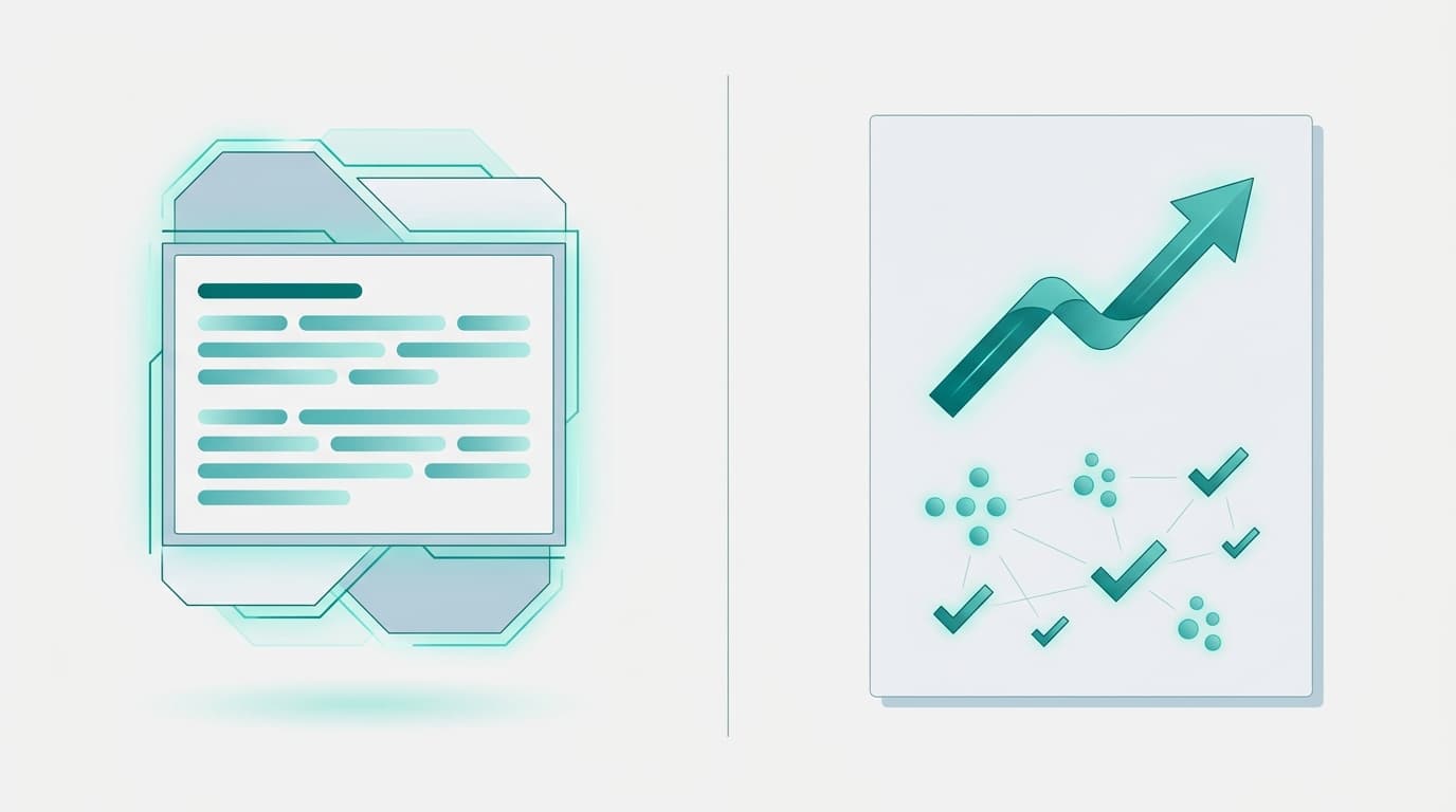 A split-screen editorial illustration contrasting an AI-generated answer panel on the left with a high-performing blog post card and upward engagement arrow on the right.