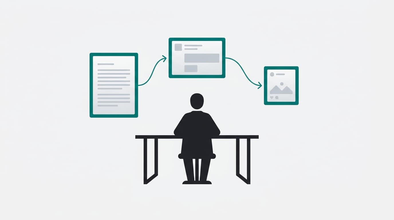 A founder at a minimal desk with three floating content panels representing a blog post, email newsletter, and social card connected by flowing arrows.