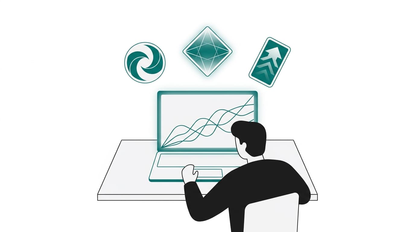A founder sits at a minimal desk with a laptop displaying rising green trend line charts, with three floating geometric cards symbolizing content performance metrics above the screen.