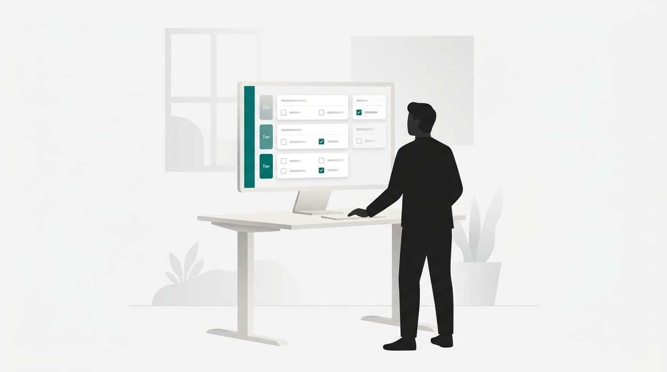 A solo founder stands at a desk reviewing a structured content dashboard on a large monitor with color-coded review tiers.