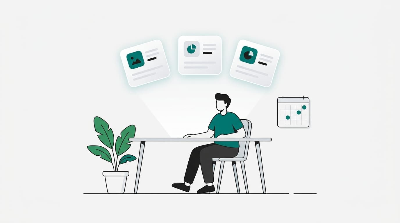A solo founder at a minimal desk with three floating content cards and a wall calendar marking three publish days per week.
