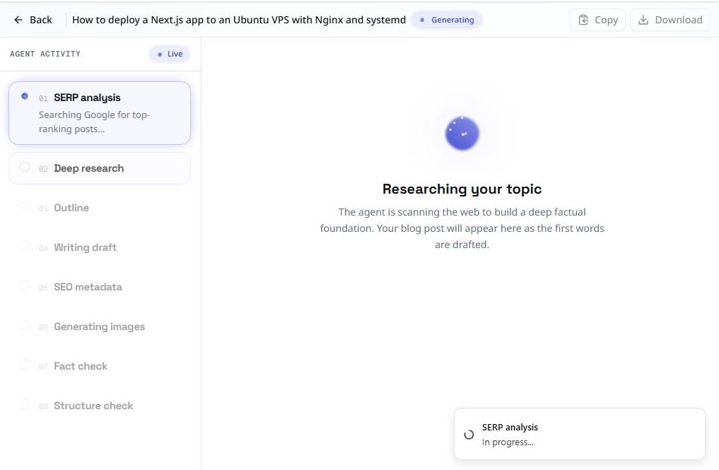 Ryterr generation workspace showing search research before drafting